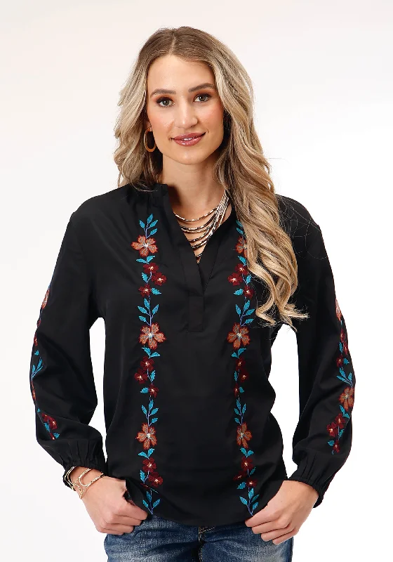 WOMENS LONG SLEEVE BLACK POLY VNECK PEASANT  BLOUSE