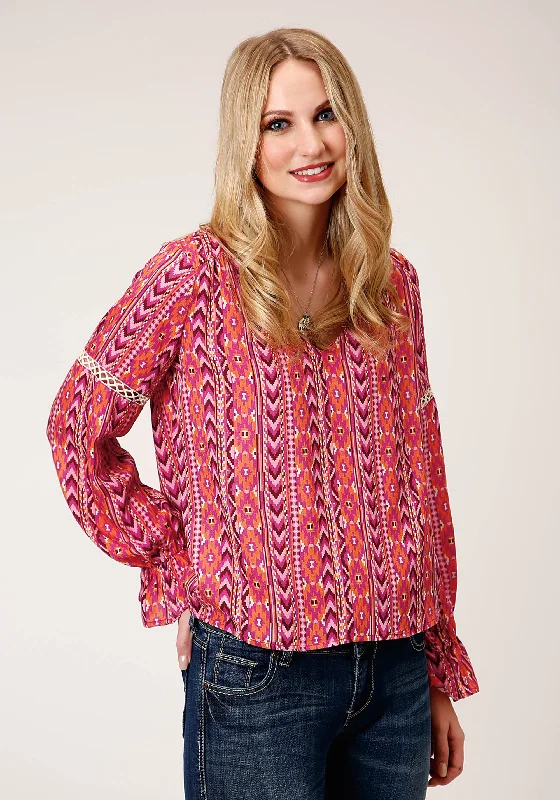 WOMENS LONG SLEEVE AZTEC PRINT RAYON PEASANT BLOUSE