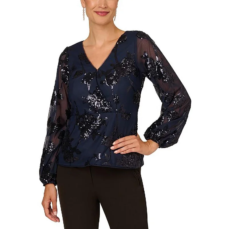 Adrianna Papell Womens Floral Sequined Blouse