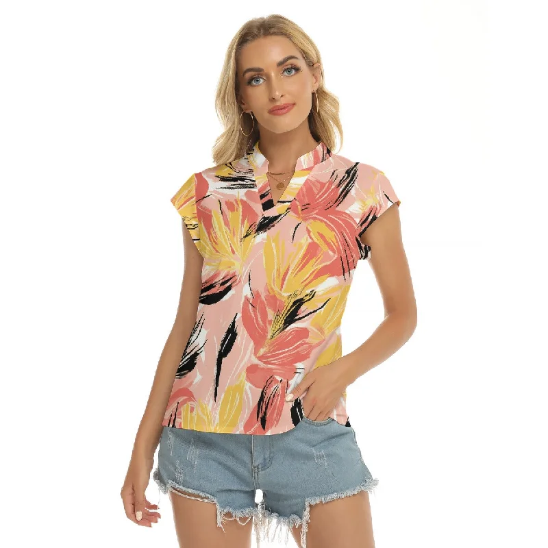 Pink Floral | V-neck Short Sleeve Blouse