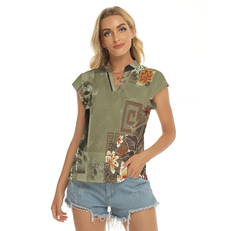 Olive Floral | V-neck Short Sleeve Blouse