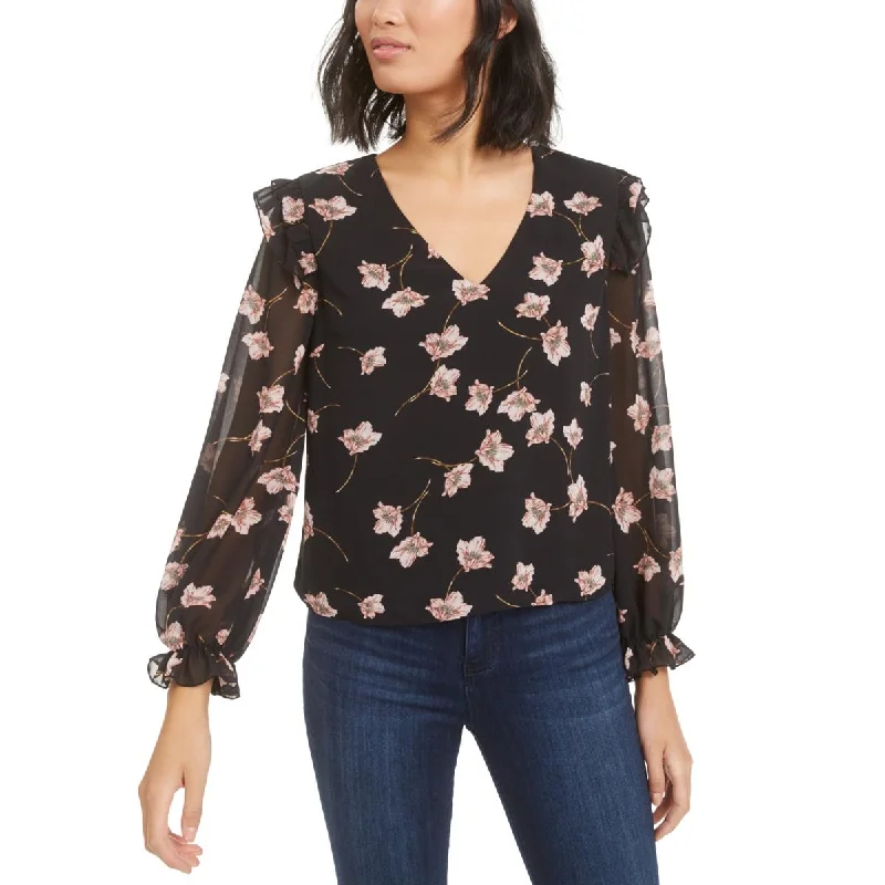 Bar III Womens Floral Print Ruffle Sleeve Blouse