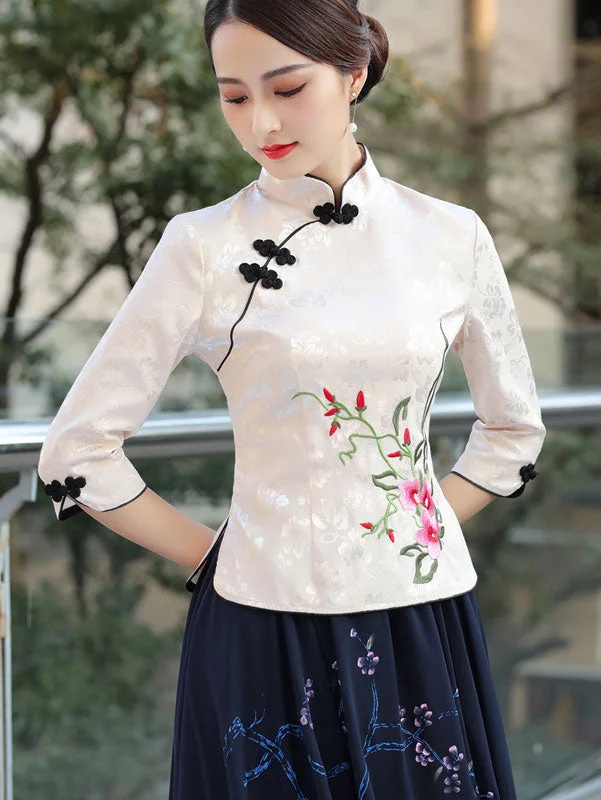 Beige Black Embroidered Cheongsam Blouse Top