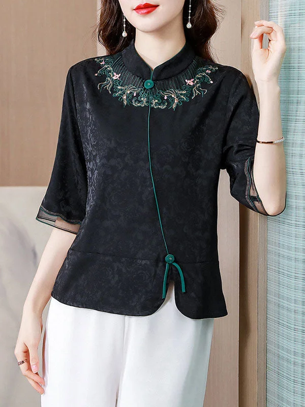 Black Embroidered High Waist Cheongsam Blouse Top