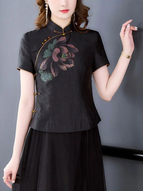 Black Floral Print Cheongsam Blouse Top