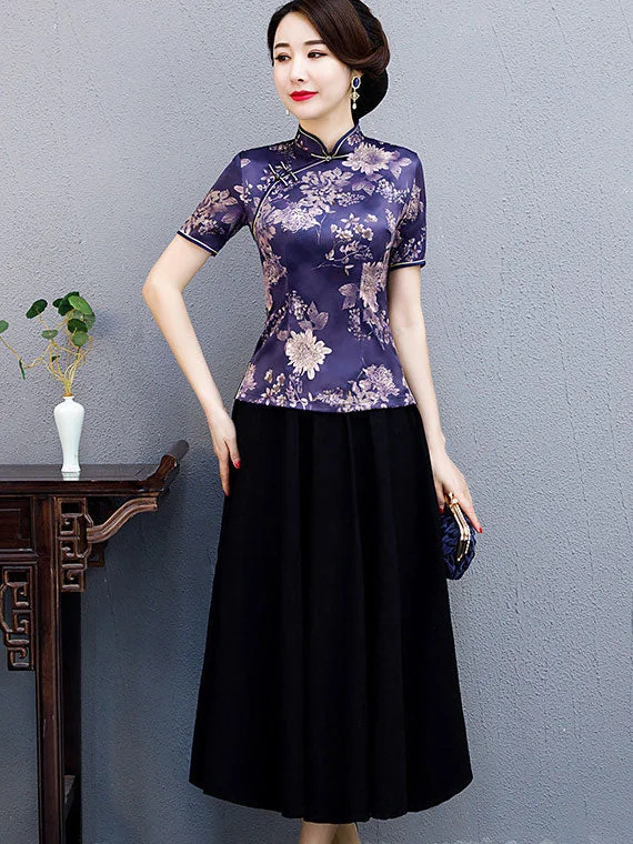 Black Purple Floral Qipao Cheongsam Blouse Top