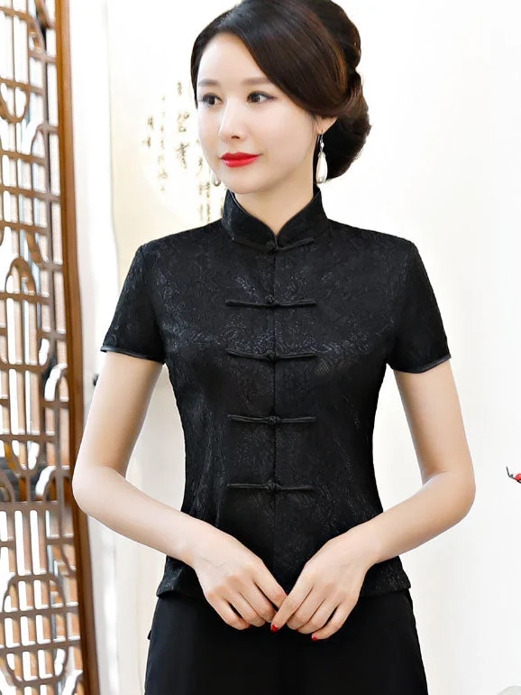 Black White Lace Cheongsam Blouse Top