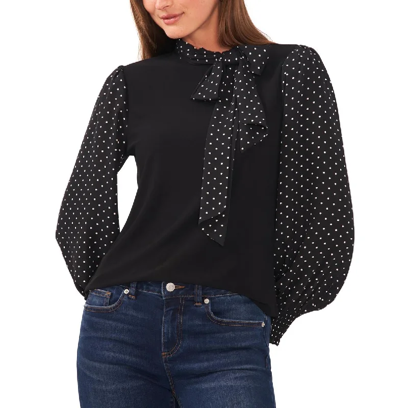 CeCe Womens Polka Dot Tie Neck Blouse