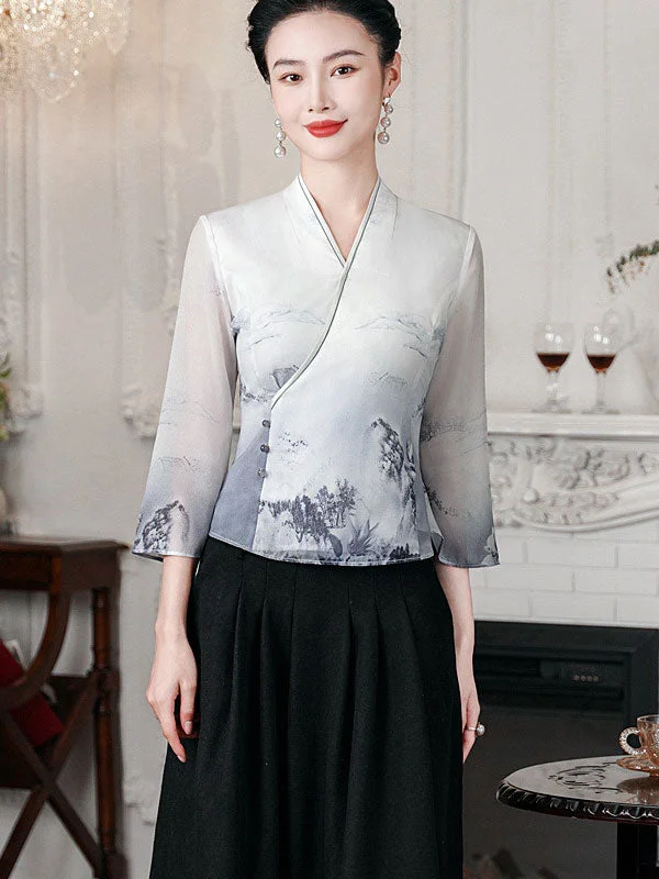 Chinese Painting Print Cheongsam Blouse Top