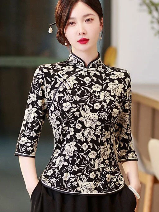 Color Block Floral Print Cheongsam Blouse Top