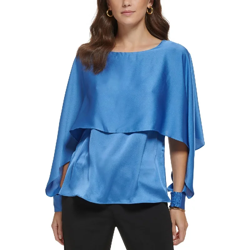 DKNY Womens Petites Satin Smocked Blouse