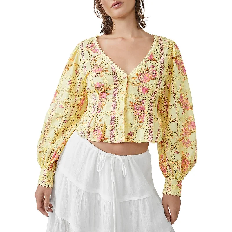 Free People Womens Embroidered Button Down Blouse