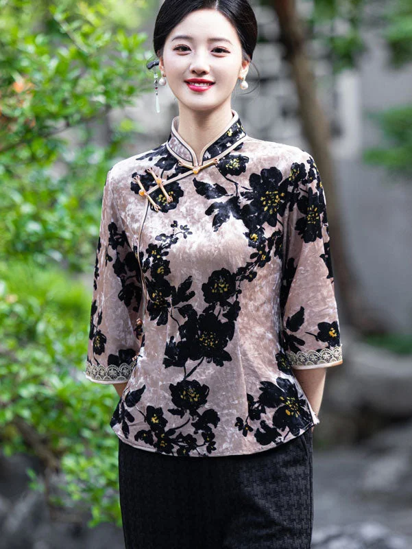 Floral Velvet Mothers Cheongsam Blouse Top