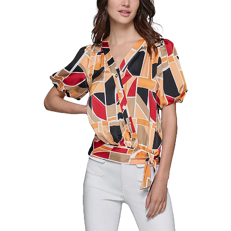 Karl Lagerfeld Womens Geometric Print Puff Sleeves Blouse