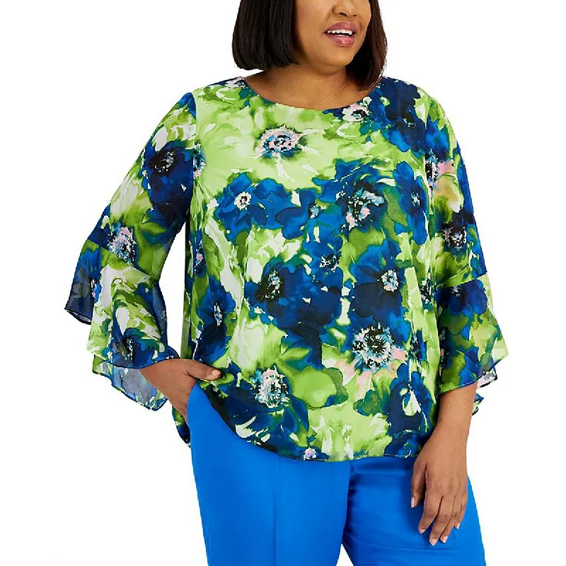 Kasper Womens Plus Chiffon Floral Print Blouse