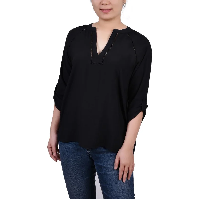 NY Collection Womens Collared V Neck Blouse