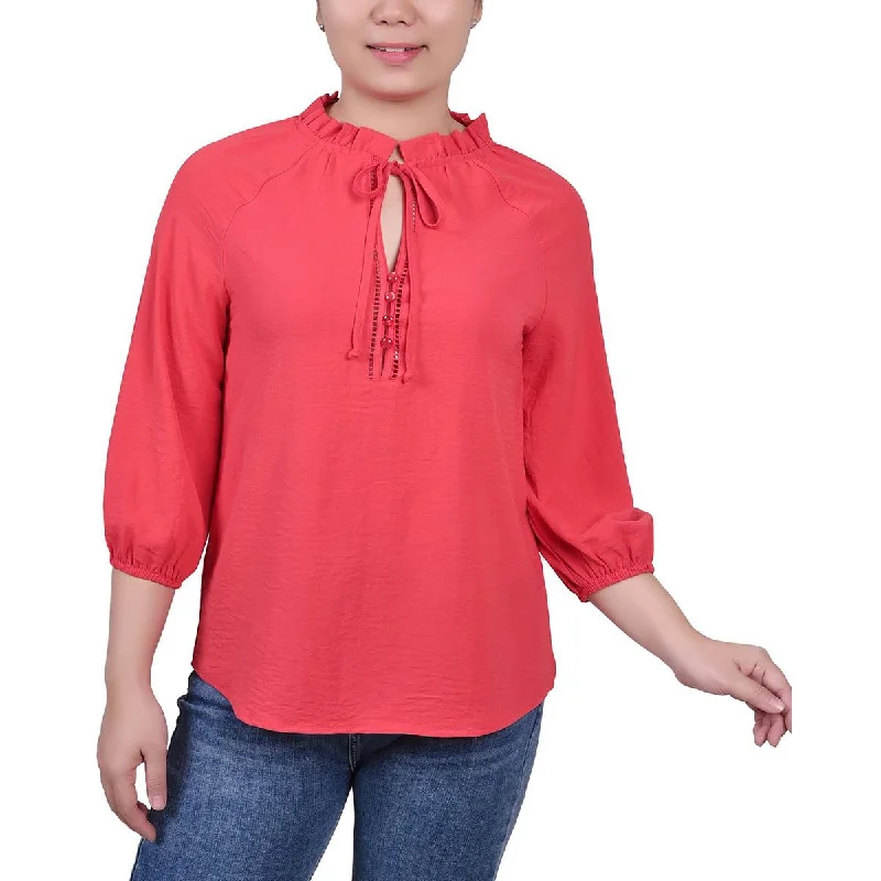 NY Collection Womens Ruffled V Neck Blouse