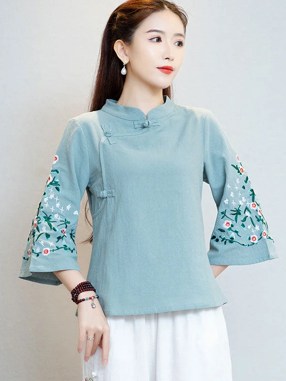 Pink White Embroidered Floral Cheongsam Blouse Top