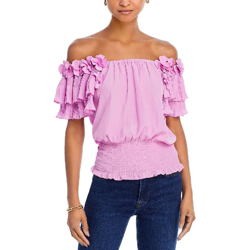 Ramy Brook Womens Braelynn Applique Pleated Blouse