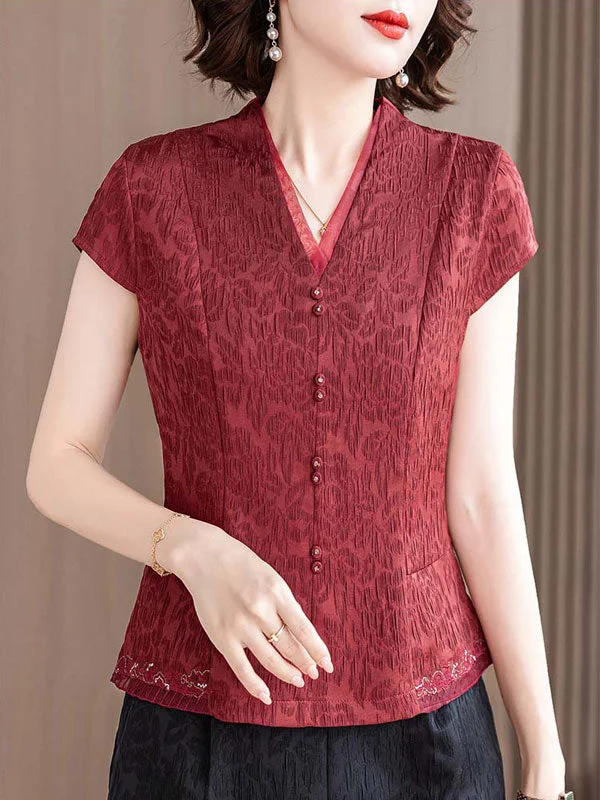 Red Black Jacquard Mothers V Neck Blouse Top