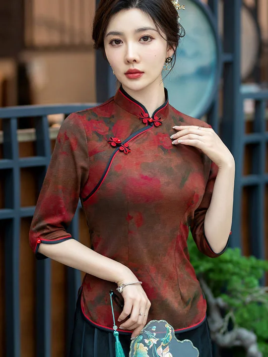 Red Floral Print Mothers Cheongsam Blouse Top