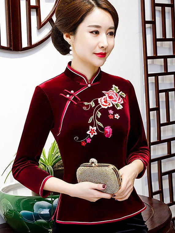 Red Purple Embroidered Velvet Cheongsam Blouse Top