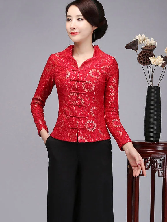 Red Purple Mother's Lace Cheongsam Blouse Top