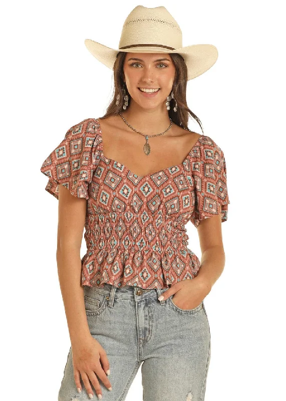 Rock & Roll Cowgirl Women's Rose/Mauve Aztec Print Flutter Sleeve Blouse BW51T03908