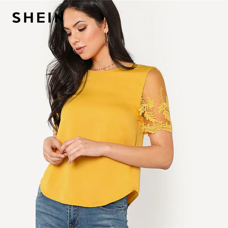 SHEIN Ginger Flower Mesh Sleeve Blouse Women Round Neck Short Sleeve Curved Hem Casual Top Summer Elegant Blouse