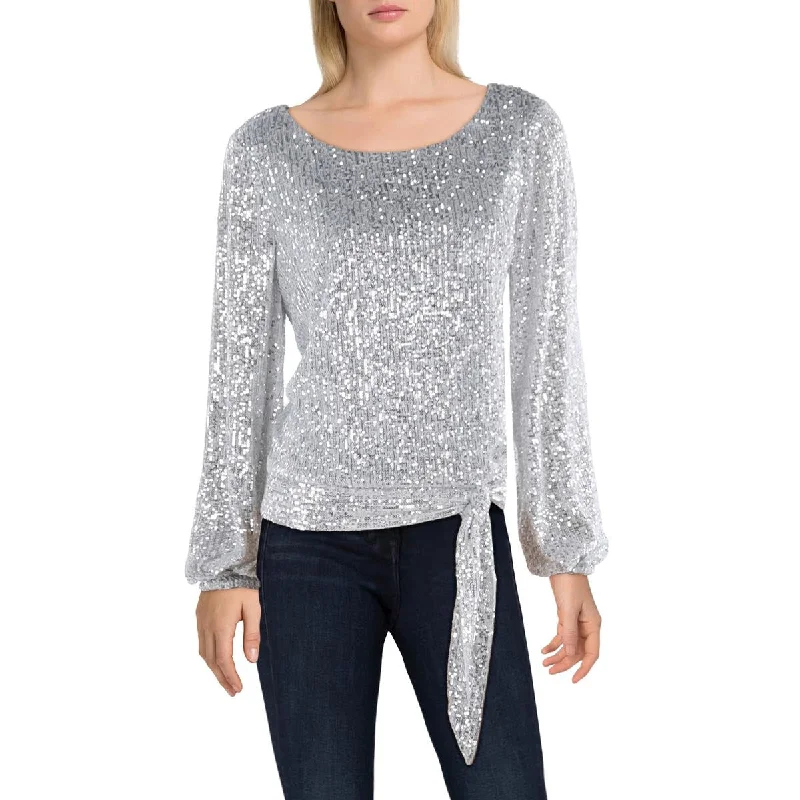 Tahari ASL Womens Sequined Tie Front Blouse