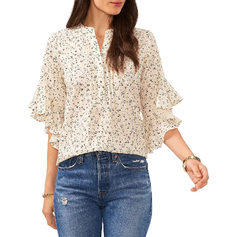 Vince Camuto Womens Floral Print Pintuck Blouse