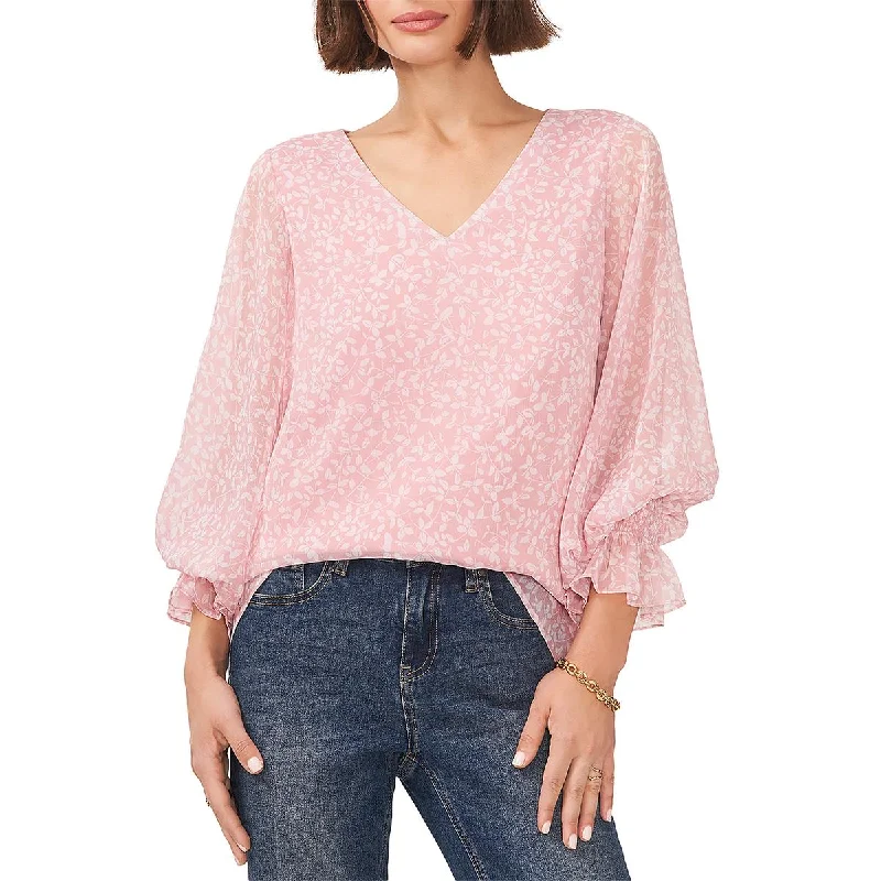 Vince Camuto Womens Floral Print V-Neck Blouse