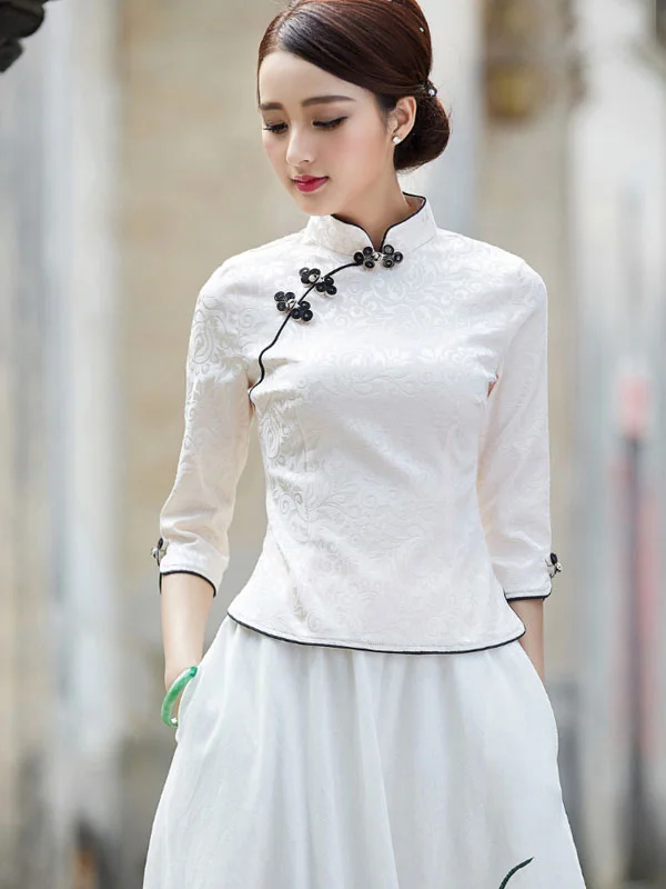 White Black Jacquard Qipao / Cheongsam Top Blouse