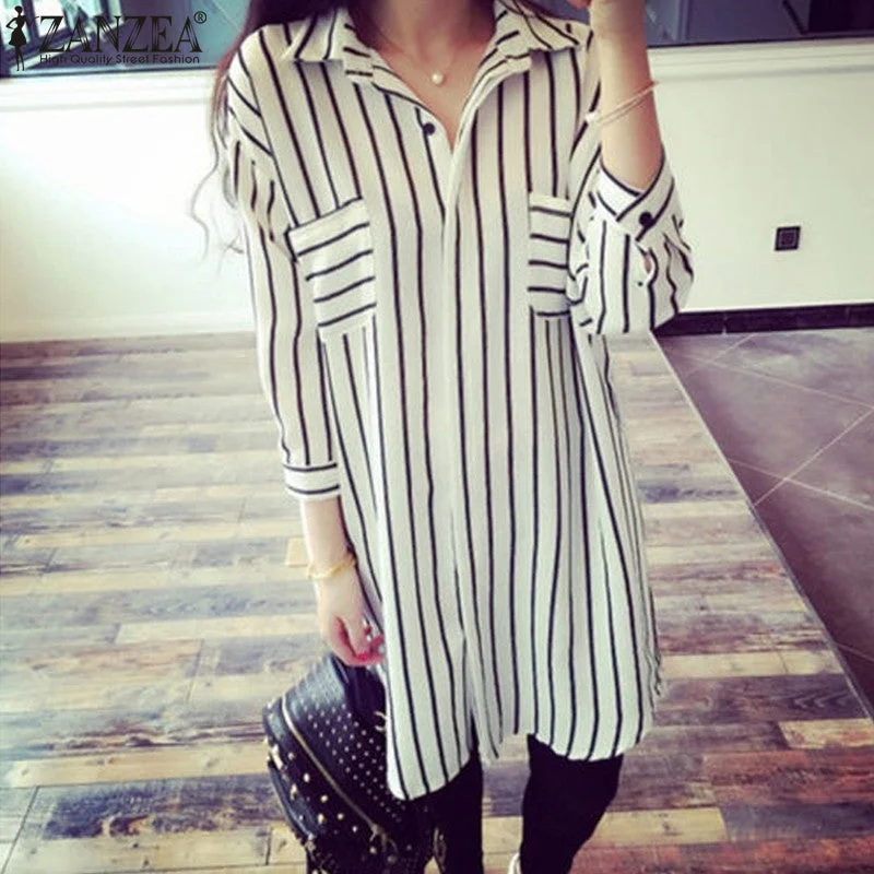 Women's Lapel 3/4 Sleeve Striped Long Blouse