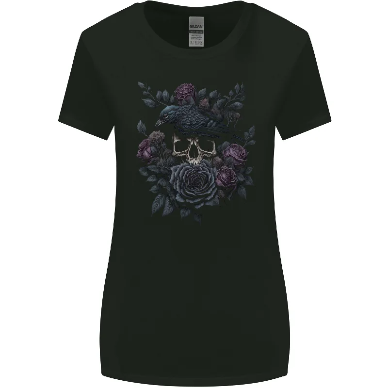 Crow & Skull With Flowers Gothic Goth Raven Womens Wider Cut T-Shirt