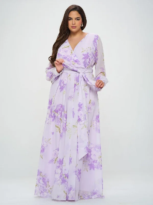 Abigail Plus Size Chiffon Maxi Dress in Lilac Floral