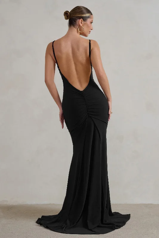 Adele | Black Ruched Fishtail Cami Maxi Dress