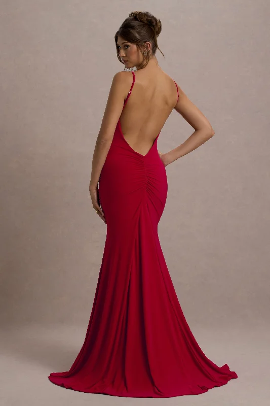 Adele | Red Ruched Fishtail Cami Maxi Dress