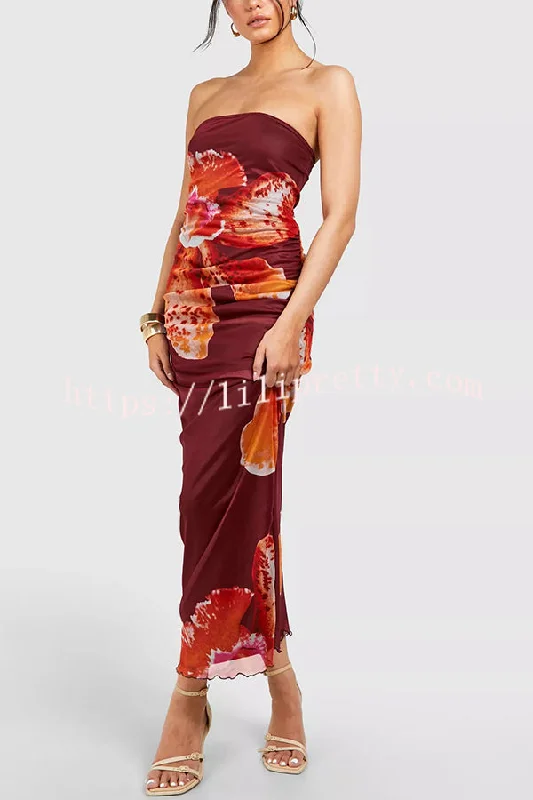 Oh So Sunny Mesh Floral Print Bandeau Stretch Maxi Dress