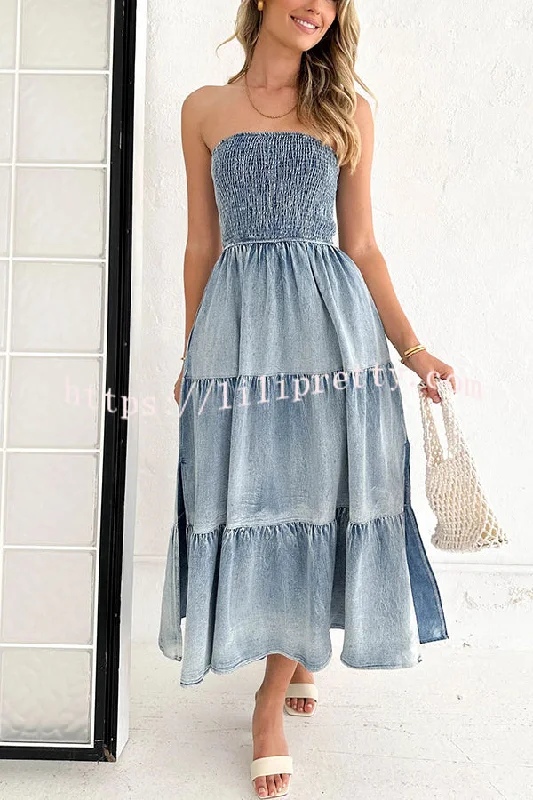 Asmn Off Shoulder Pleated Pocket Paneled Denim Maxi Dress