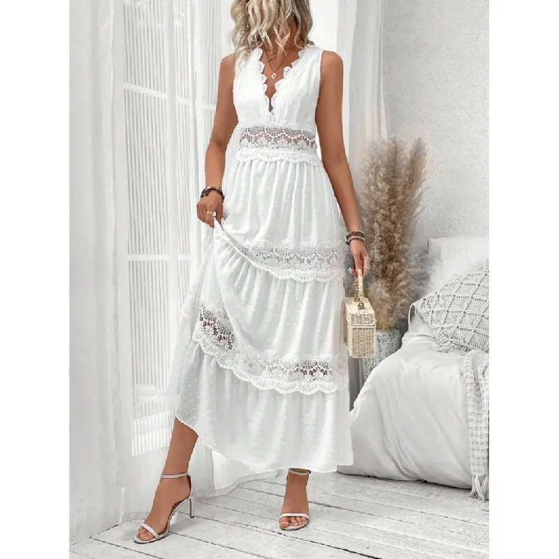 Boho Elegant White Lace Maxi Dress