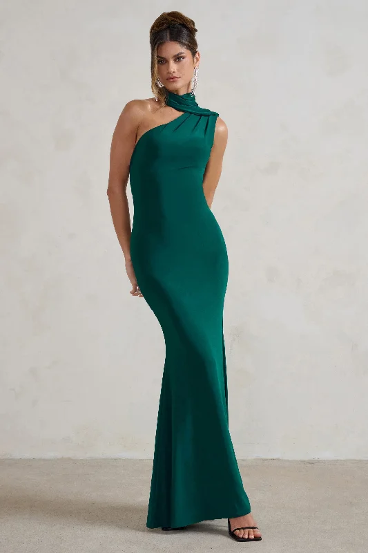 Capucine | Bottle Green One Shoulder Draped Maxi Dress