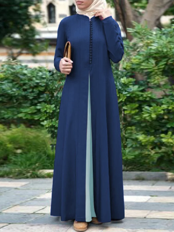 Contrast Color Stitching Bohemian Button Long Sleeve Muslim Abaya Kaftan Women Maxi Dress