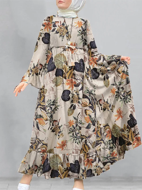 Cotton Floral Print Flare Sleeve Bandage Kaftan Loose Tunic Women Maxi Dress