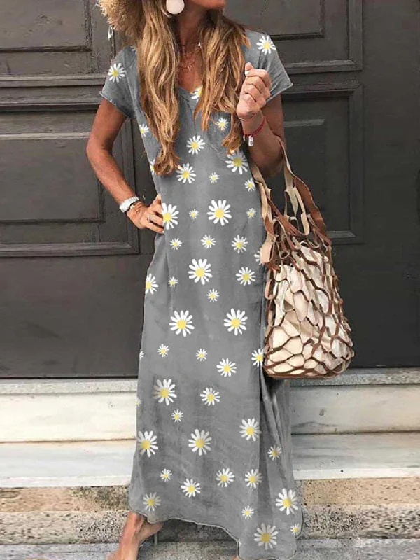 Daisy Print V-neck Short Sleeve Casual Loose Women Maxi Dress