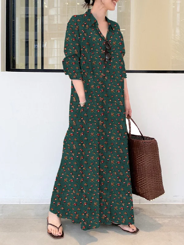 Ditsy Floral Print Long Sleeve Lapel Collar Vintage Shirt Pocket Women Maxi Dress