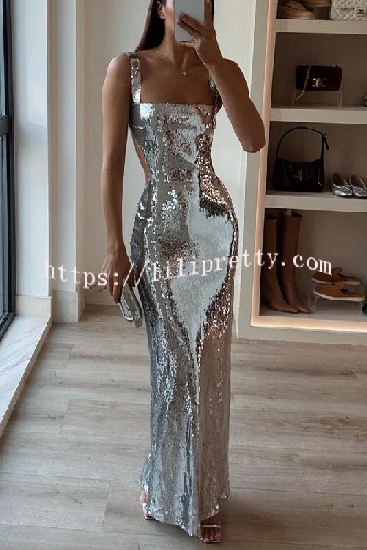 Eye Catching Sequin Cutout Waist Wide Strap Bacakless Maxi Dress