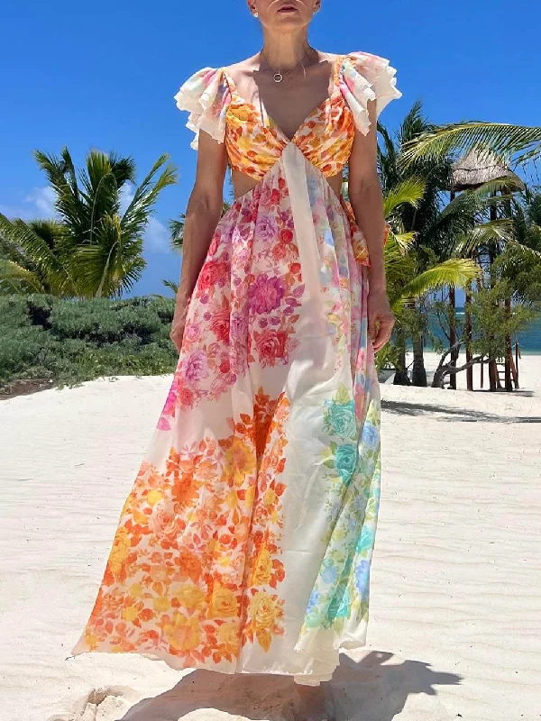 Floral Frill Cutout Charming Back Tie-Up Maxi Dress