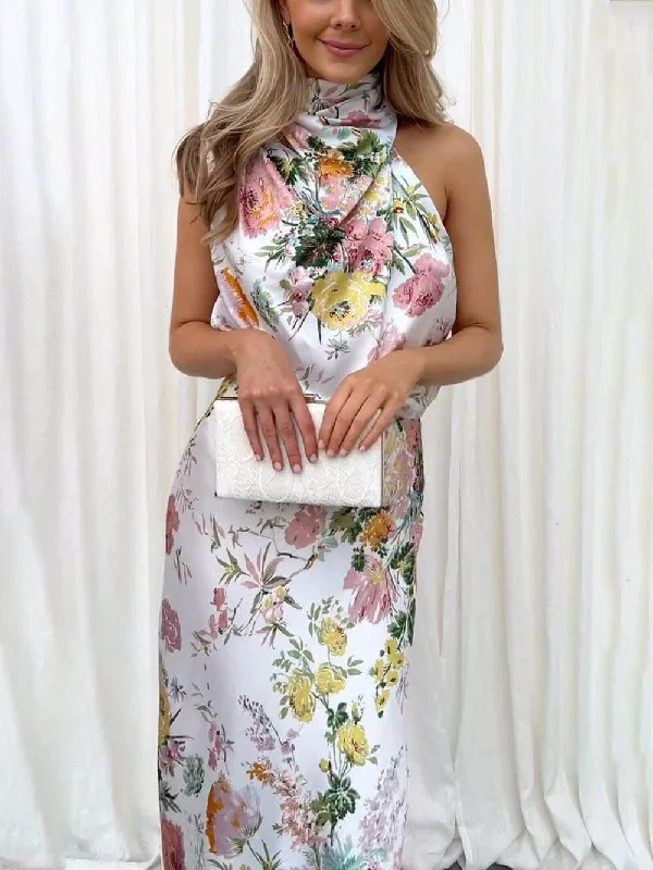 Floral Halter Neck Charming Elastic Waist Maxi Dress