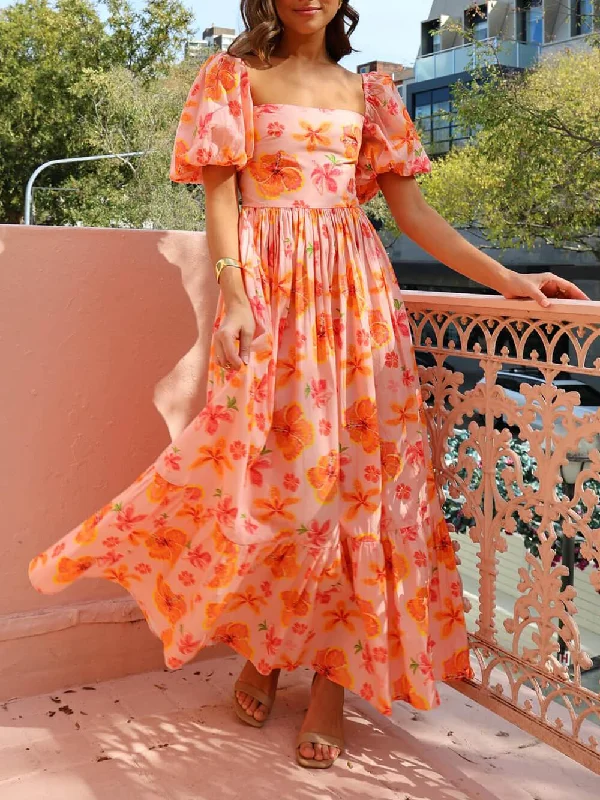 Floral Print Puff Sleeve Graceful Back Smocked Pocket Maxi Dress